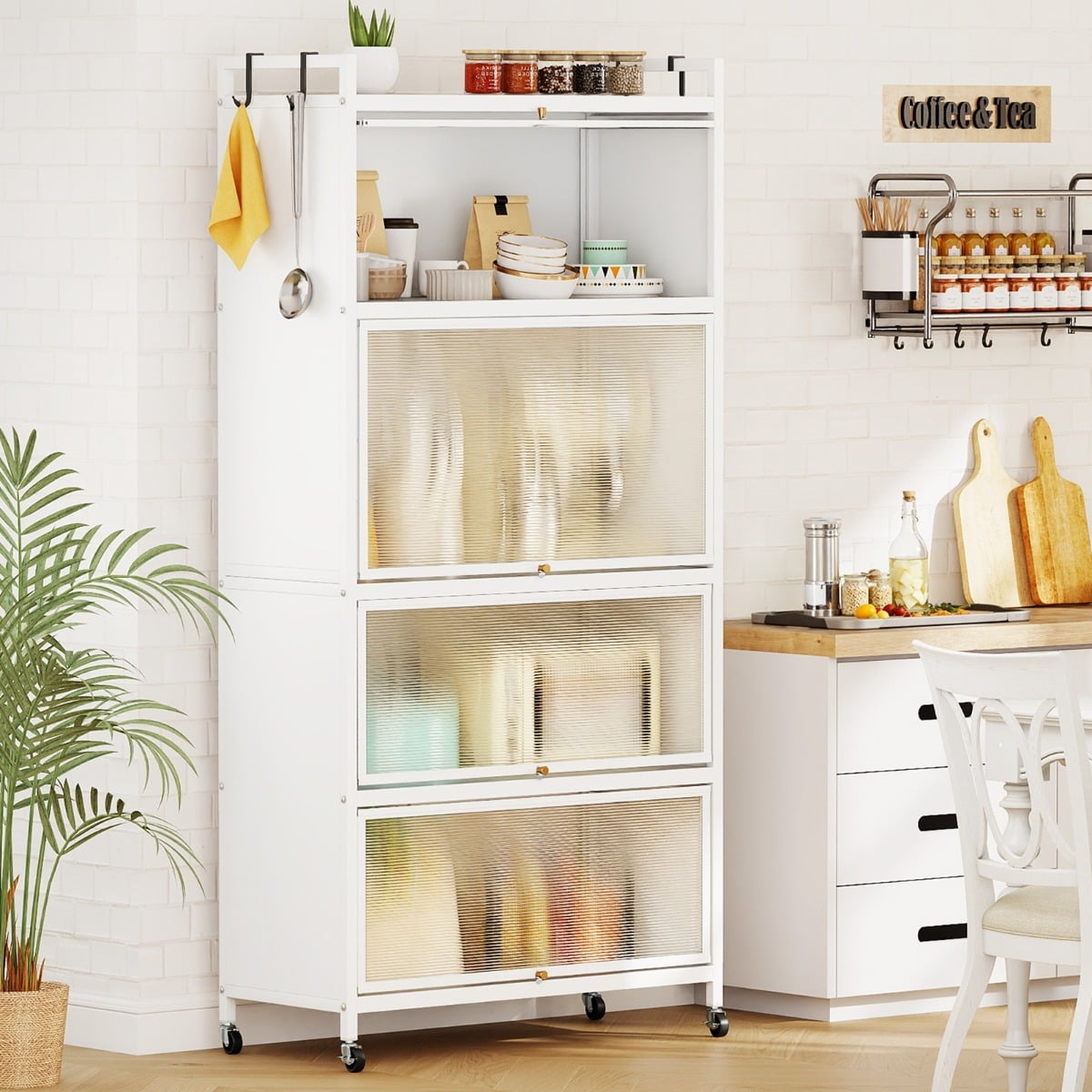 5-Tier Kitchen Storage Cabinet with Wheels and Flip-Up Doors-White