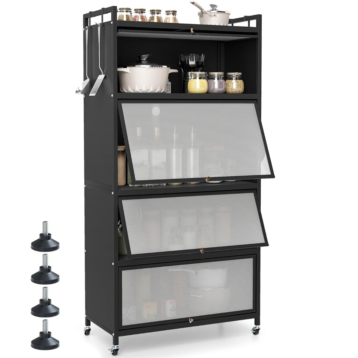 5-Tier Kitchen Storage Cabinet with Wheels and Flip-Up Doors-Black