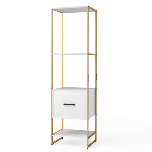 5-Tier Tall Narrow Bookcase Bookshelf with Drawer Shelves-White