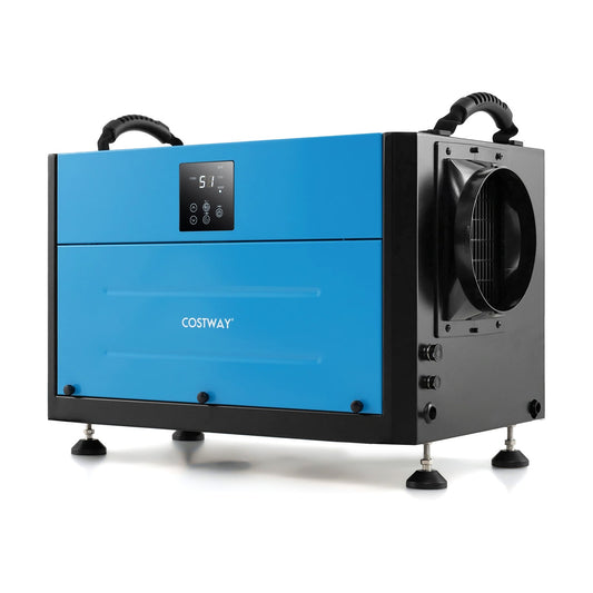 50/70L/Day Industrial Dehumidifier with Pump and Drain Hose-Blue-70L standing on a white background