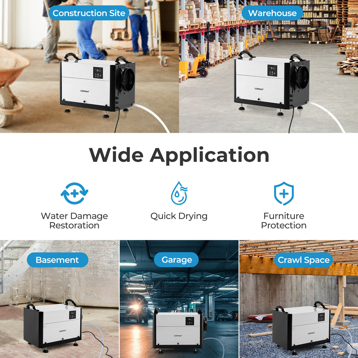 50/70L/Day Industrial Dehumidifier with Pump and Drain Hose-White-50L