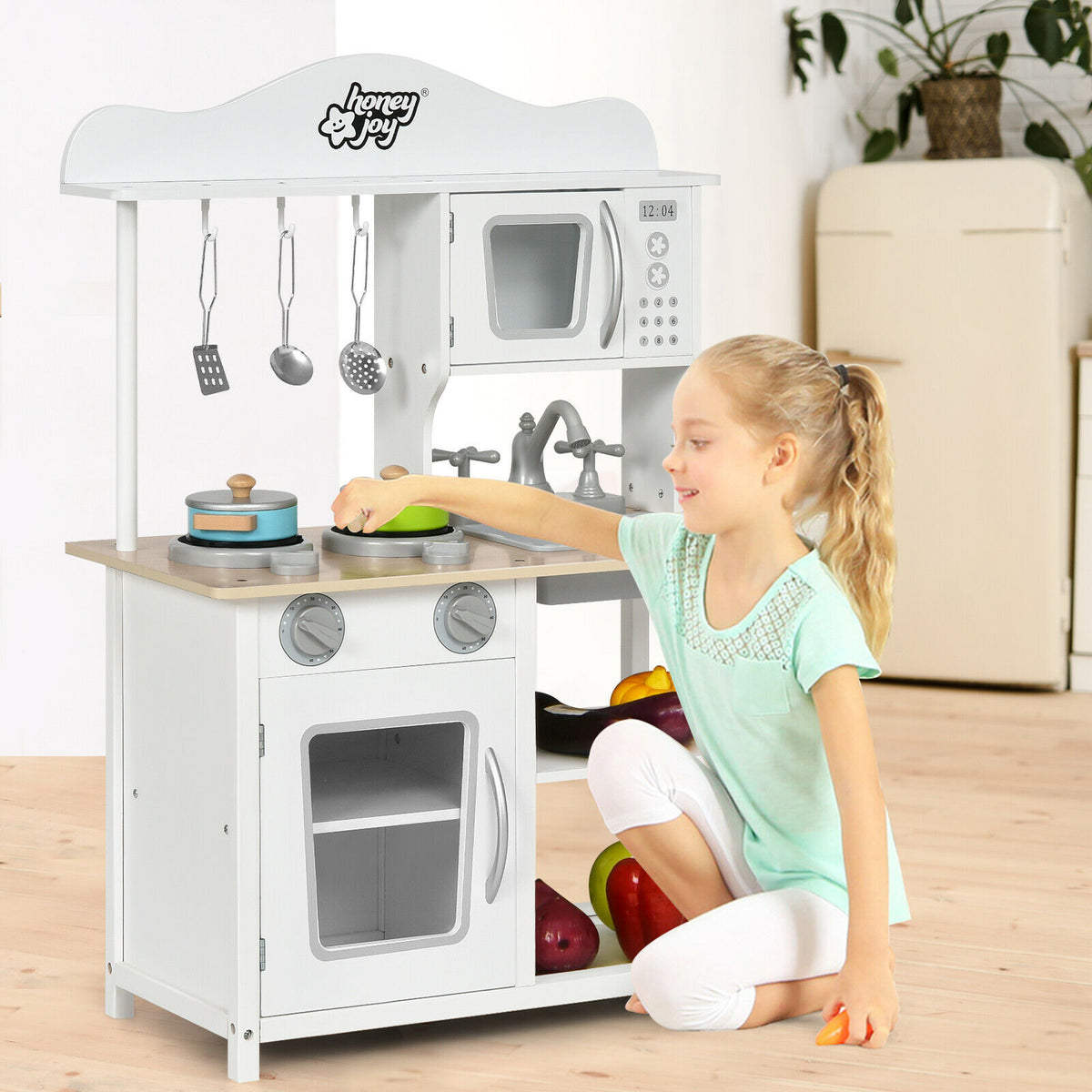Children's Wooden Play Kitchen with Cooking Pots and Utensils