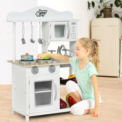 Children's Wooden Play Kitchen with Cooking Pots and Utensils