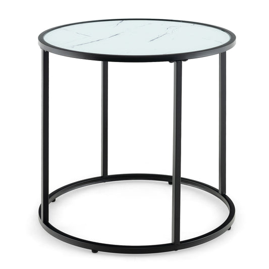 50CM Round Side Table with a white faux marble glass top and a black metal frame on a white background
