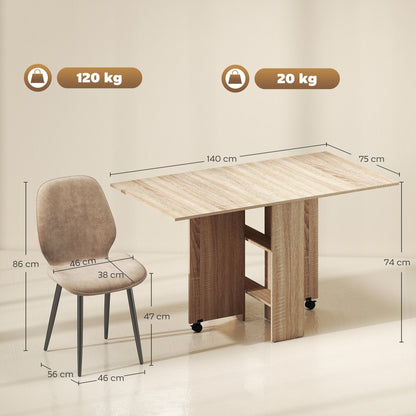 HOMCOM Dining Table Set, Folding Kitchen Table with Storage Shelves, 2 Velvet Upholstered Chairs, Natural Wood Finish and Light Brown