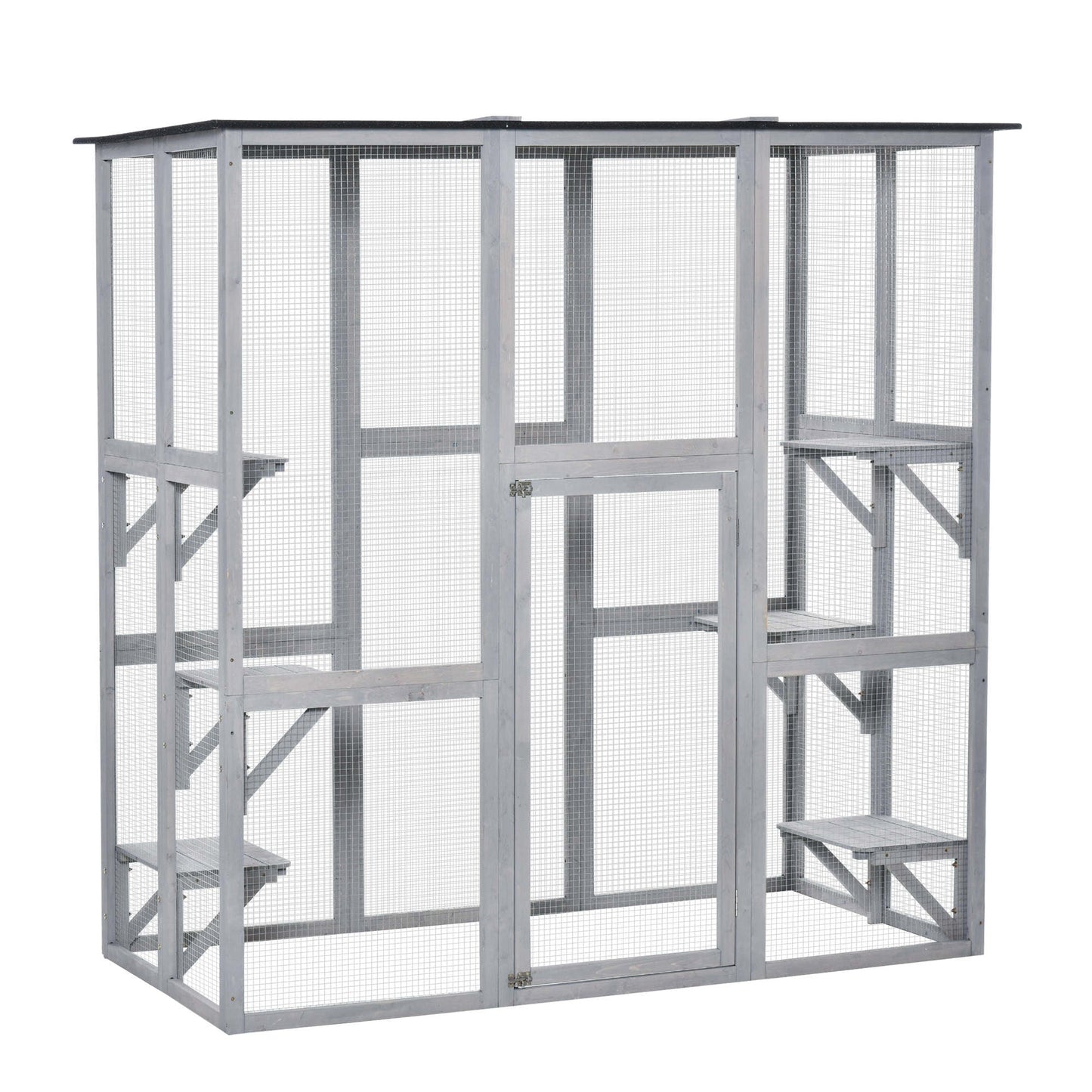 PawHut Wooden Catio Cat Outdoor Enclosure, Cat Cage with Waterproof Roof, Platforms, for Multiple Kittens, 180 x 98 x 180 cm