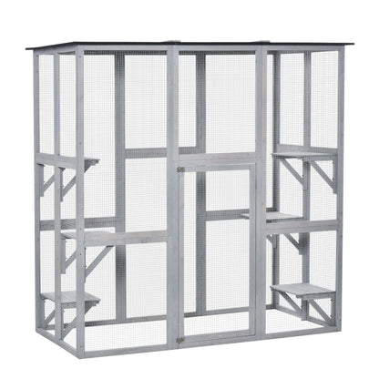 PawHut Wooden Catio Cat Outdoor Enclosure, Cat Cage with Waterproof Roof, Platforms, for Multiple Kittens, 180 x 98 x 180 cm