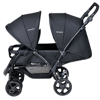 Double Pushchair with Adjustable Backrest and Sunshade-Black
