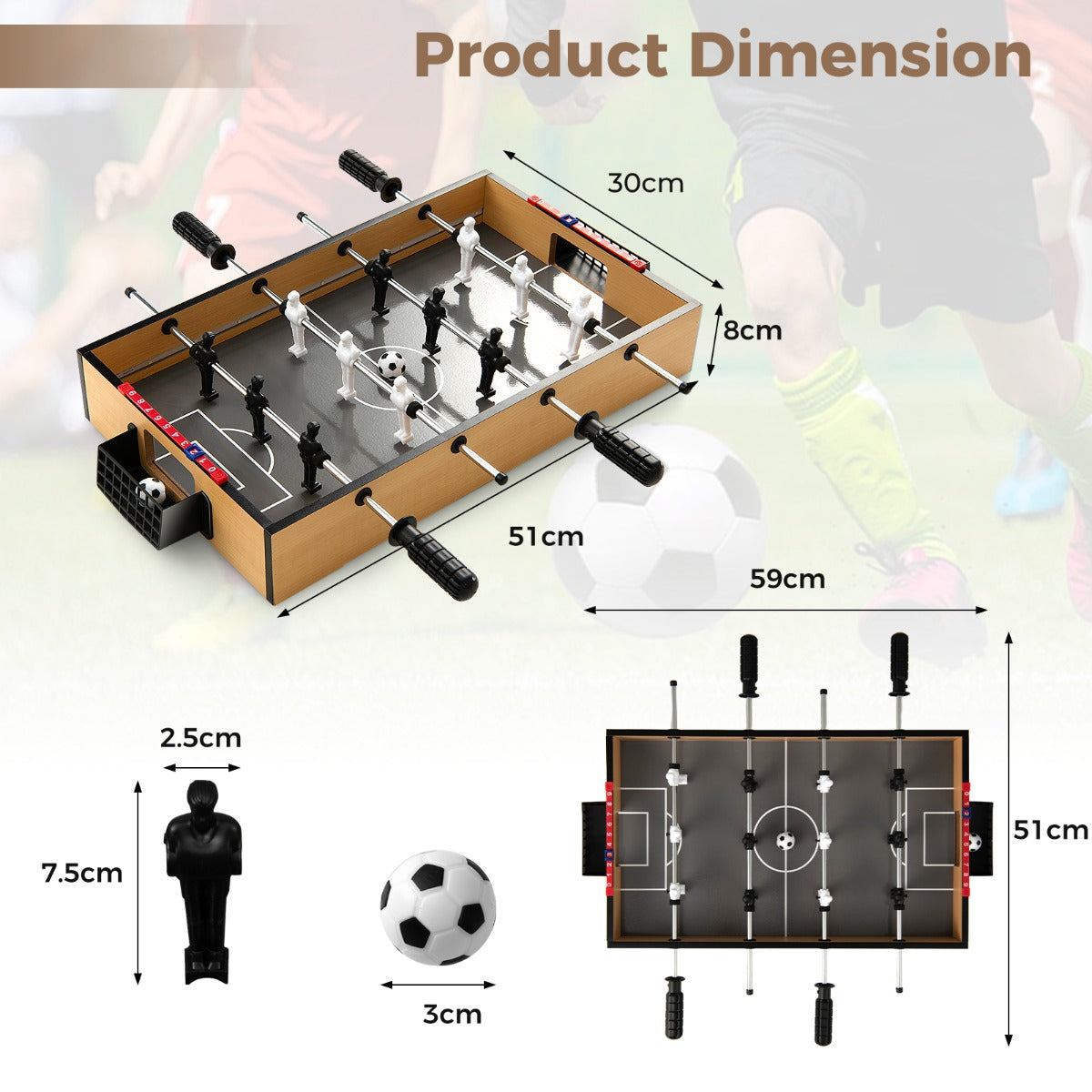 Diagram showing the dimensions of the foosball table and a player figure
