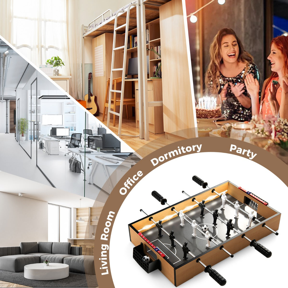 Collage of different settings where the foosball table can be used