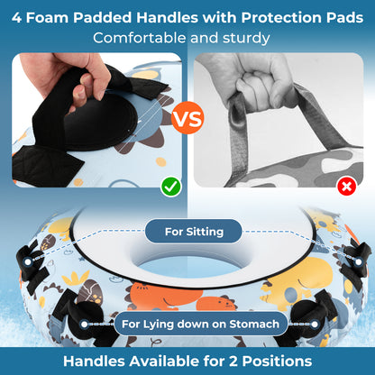 Diagram showing four padded handles on the snow tube and how they can be used for sitting or lying down