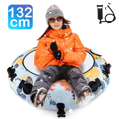 Woman in orange jacket and sunglasses on the blue dinosaur snow tube sliding down a snowy hill