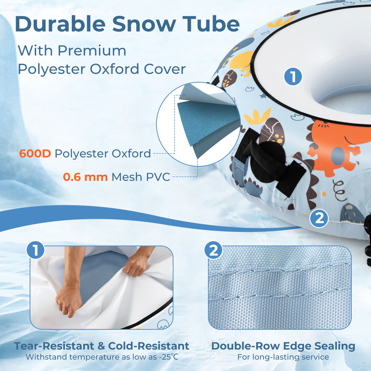 Close-up of the durable snow tube material and stitching, showing tear-resistant and cold-resistant features