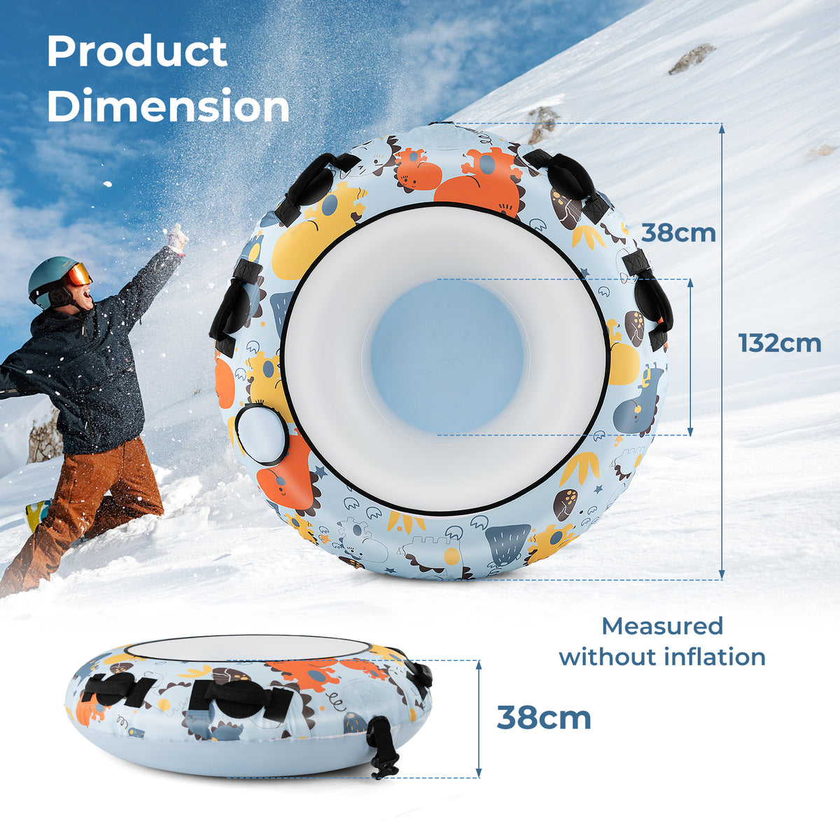 Product dimensions diagram showing the blue dinosaur patterned snow tube with measurements