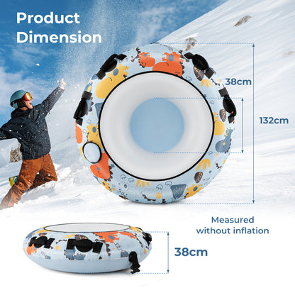 Product dimensions diagram showing the blue dinosaur patterned snow tube with measurements