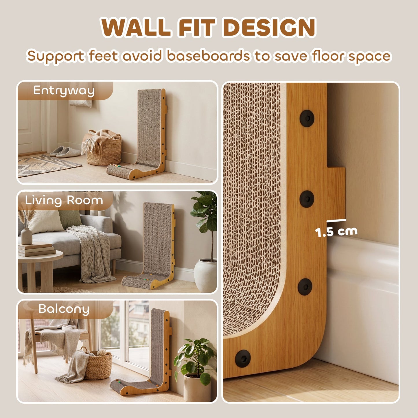 PawHut Cat Scratching Board Wall Mounted Cat Scratcher Corrugated 3 Toy Balls 39 x 23.5 x 57.5 cm Brown