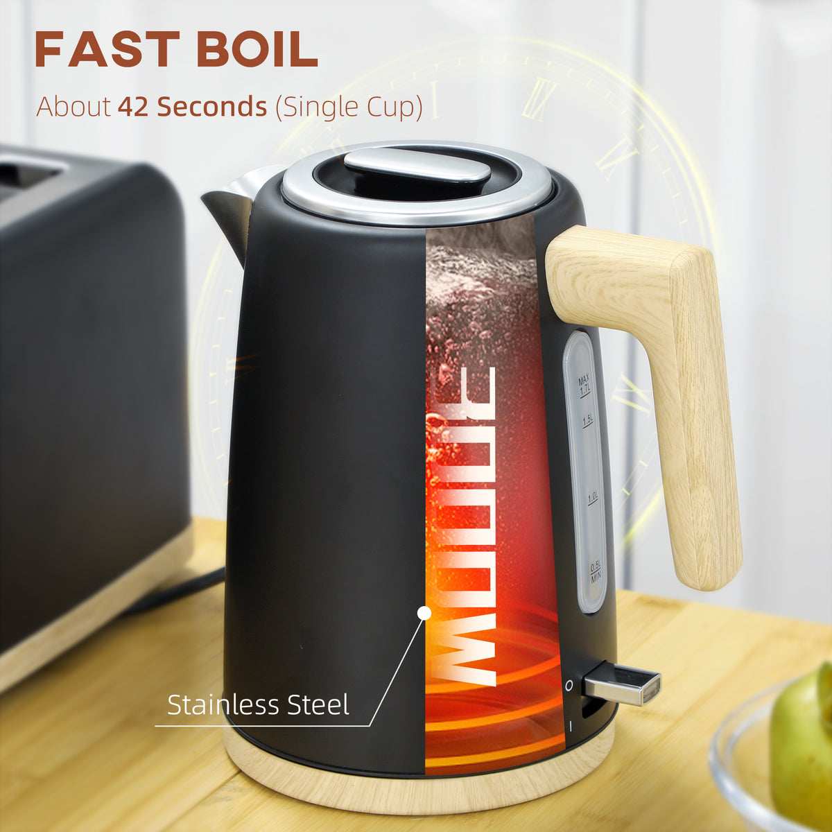 HOMCOM Stainless Steel Kettle and Toaster Set in Black