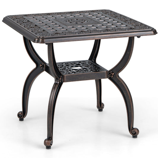 53 cm Cast Aluminum Outdoor Side Table with hollow-carved floral pattern in rustic brown