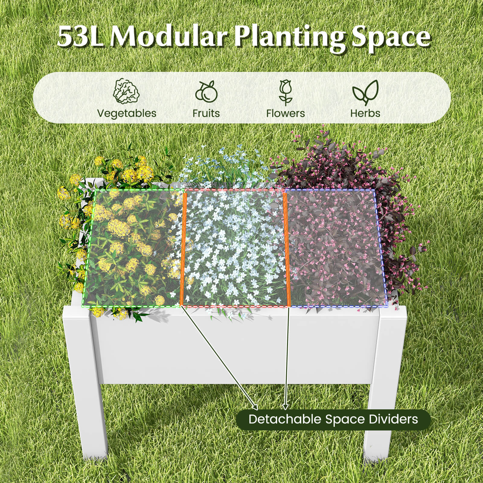 53L Raised Bed Grow Box with Water Level Monitor and Drainage Hole-White