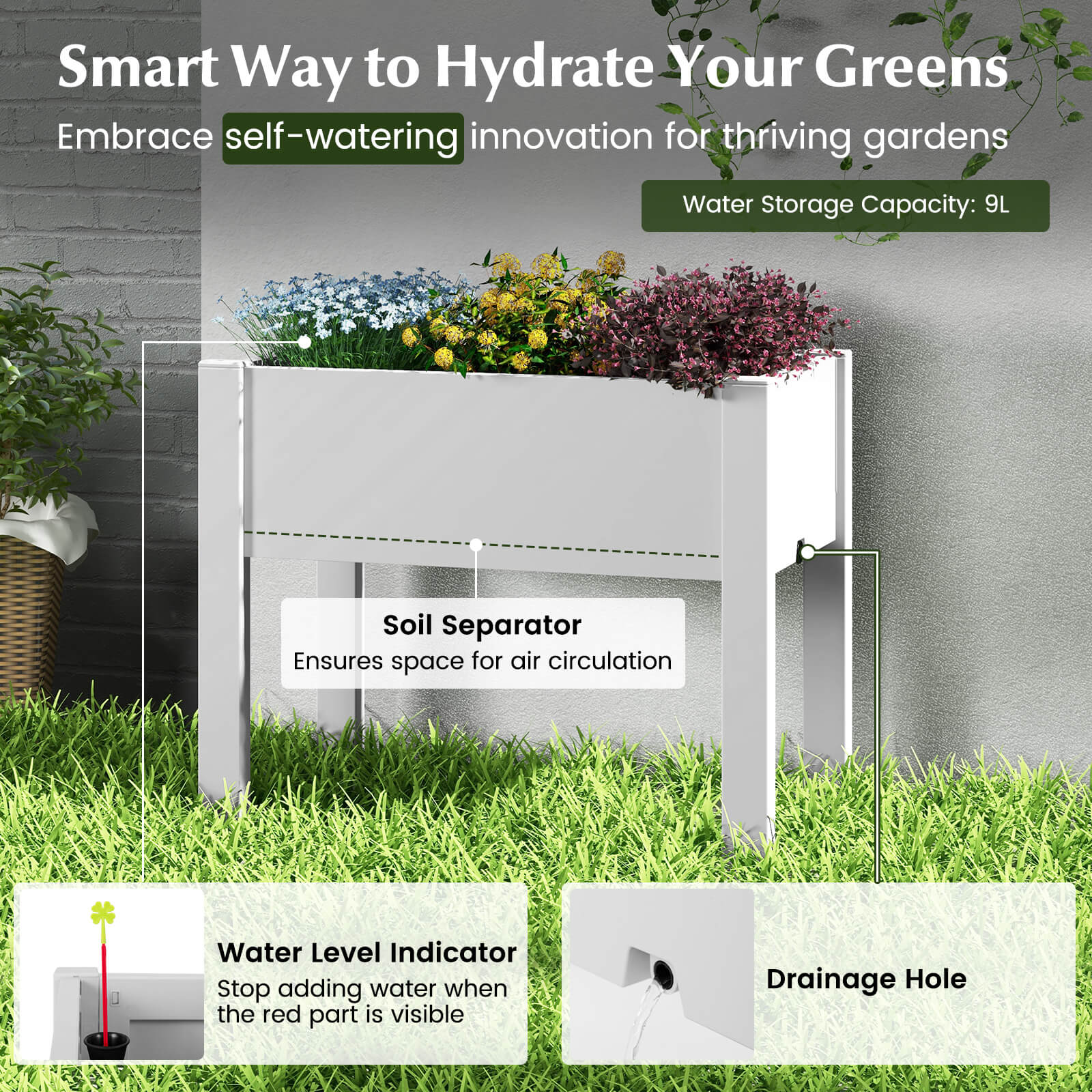 53L Raised Bed Grow Box with Water Level Monitor and Drainage Hole-White
