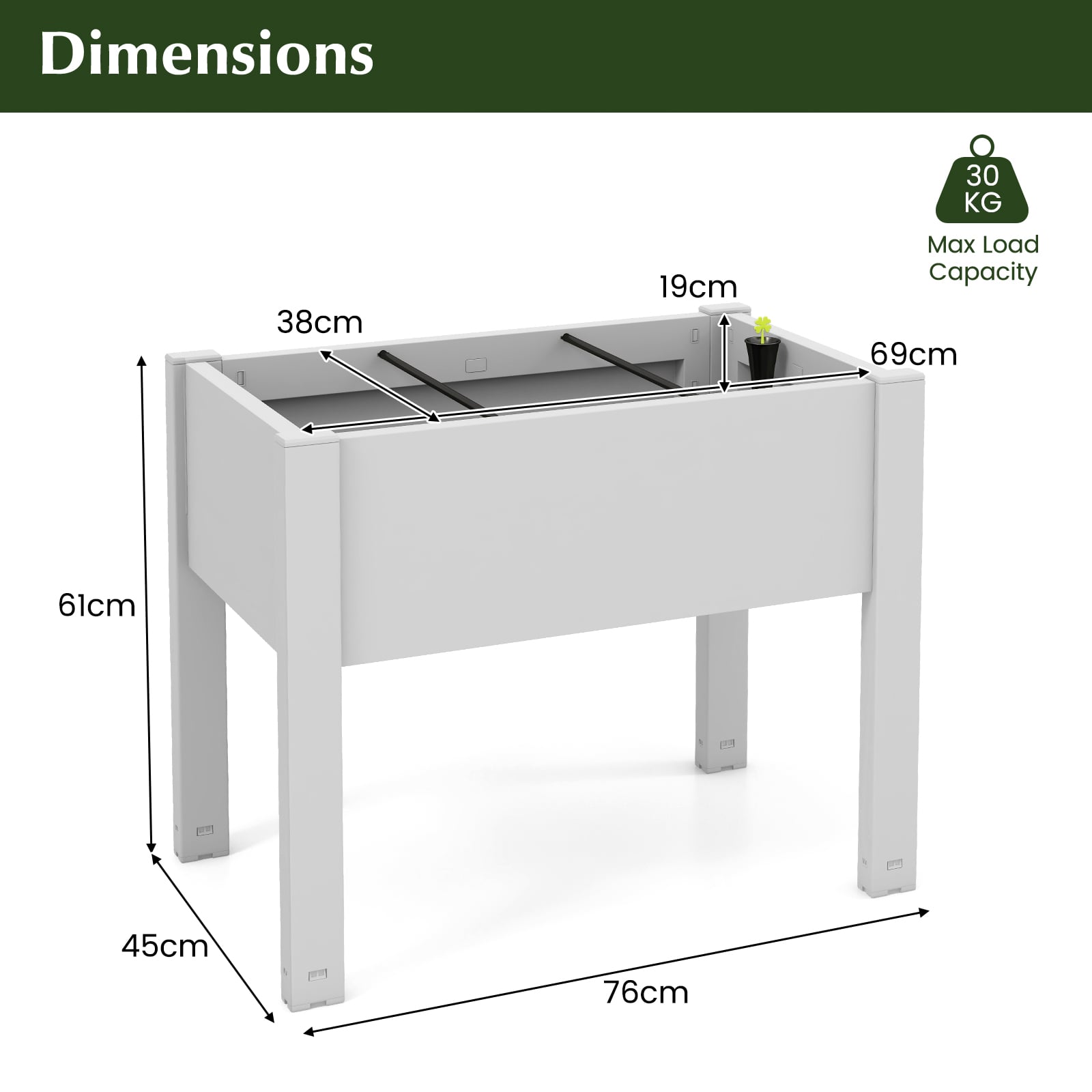 53L Raised Bed Grow Box with Water Level Monitor and Drainage Hole-White
