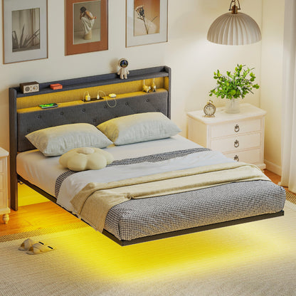 إطار سرير عائم من هوم كوم، سرير مزدوج منجد بمقاس 4 قدم 6 بوصة، سرير منصة بإضاءة LED RGB ومحطة شحن، لون رمادي
