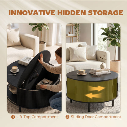 HOMCOM Coffee Table with Lift Top and Hidden Storage, Round Centre Table with Fluted Sliding Door, 80 cm, Black Wood Effect