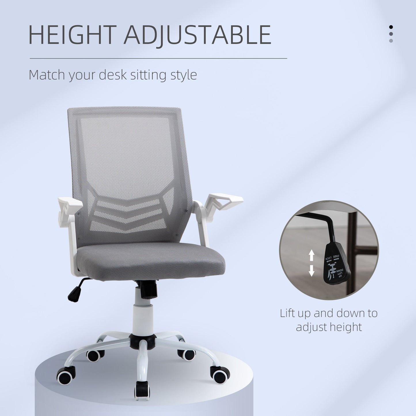 Vinsetto Office Chair with Flip-up Armrest, Mid Back Desk Chair with Mesh Back, Lumbar Support, Adjustable Height, Swivel Wheels for Home, Grey