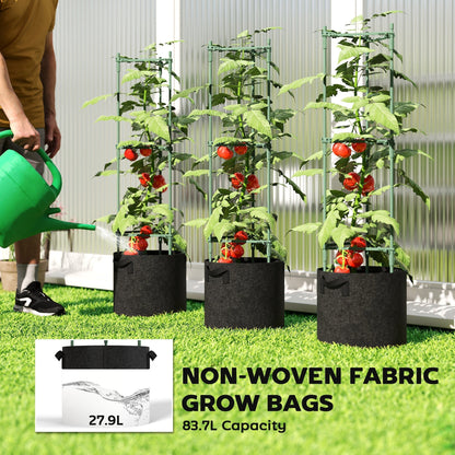 Outsunny 3 Packs Tomato Cages with 83.7L Grow Bags, 120cm Adjutstable Triangle Plant Stakes Support Trellis with Planter Bags