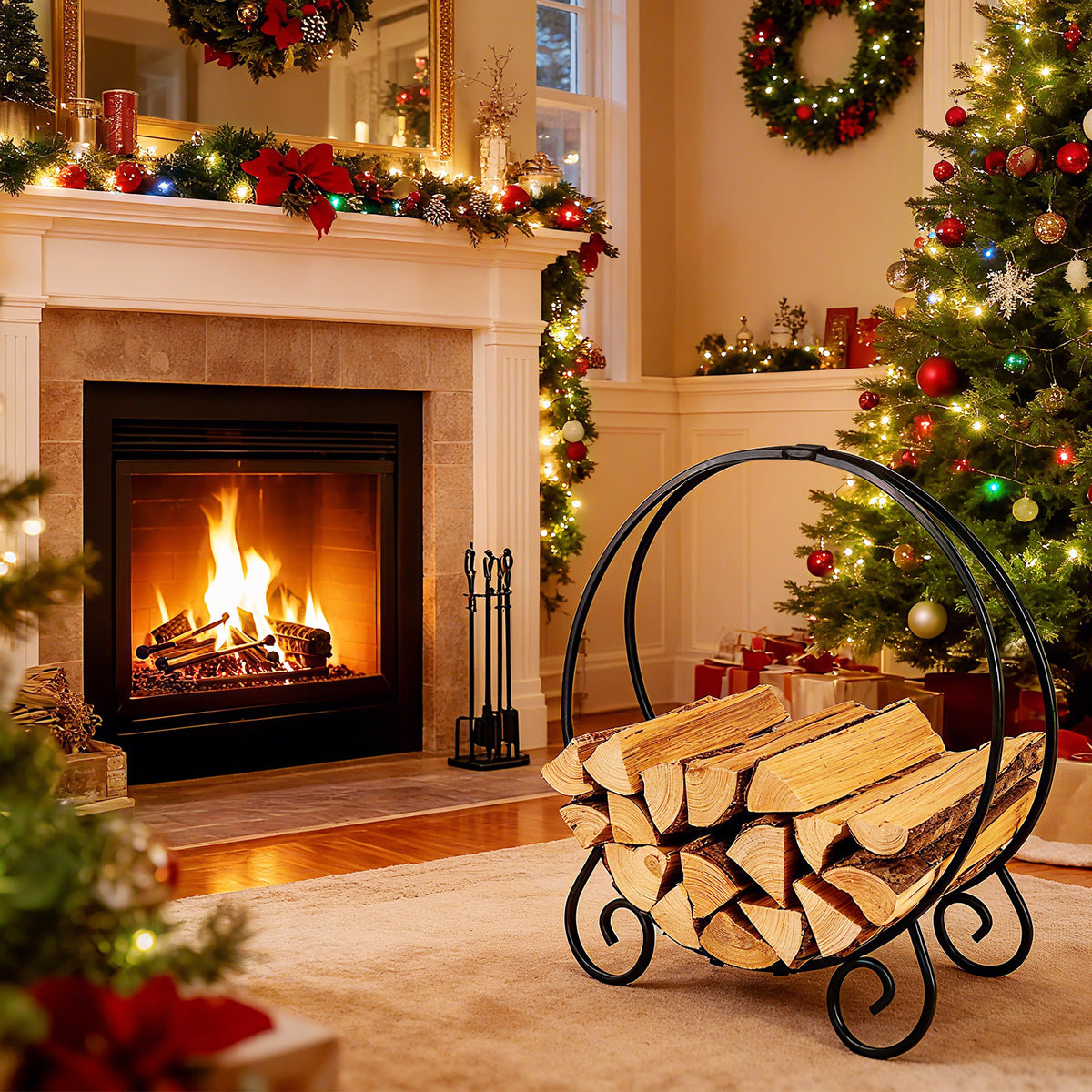 The log hoop holding firewood in a festive living room with a Christmas tree
