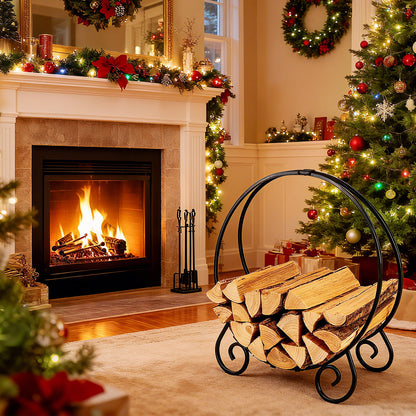 The log hoop holding firewood in a festive living room with a Christmas tree