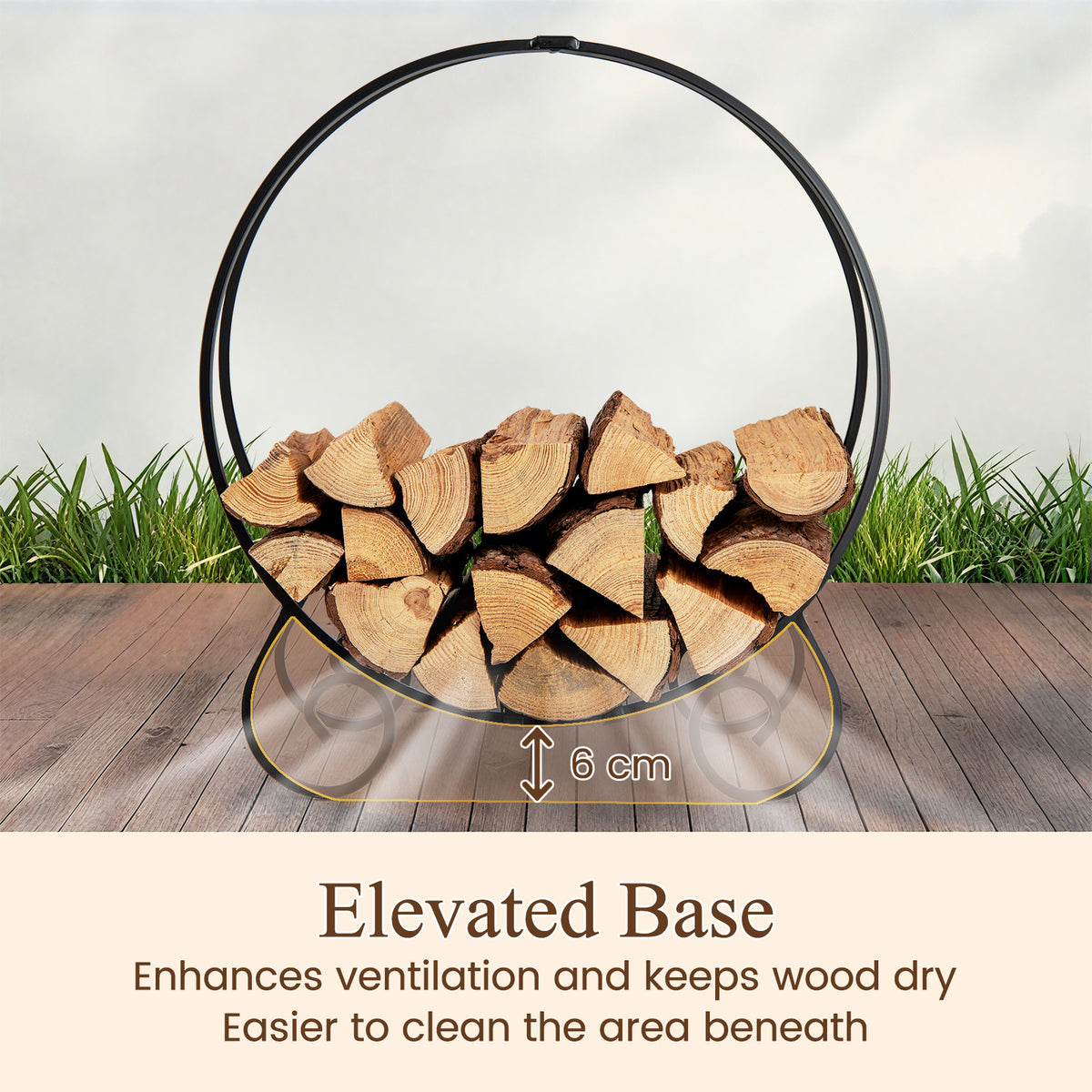 The log hoop with an elevated base to keep firewood off the ground