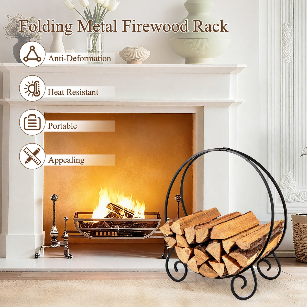 The metal log hoop with text highlighting its features like heat resistance