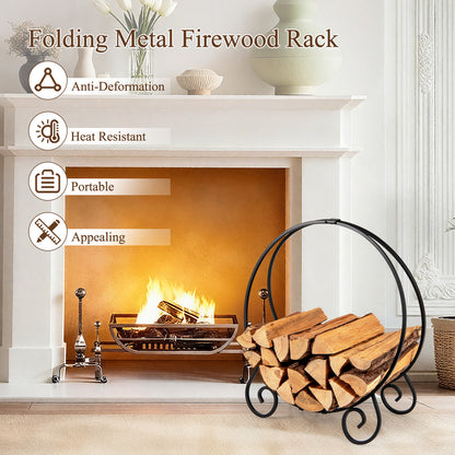 The metal log hoop with text highlighting its features like heat resistance