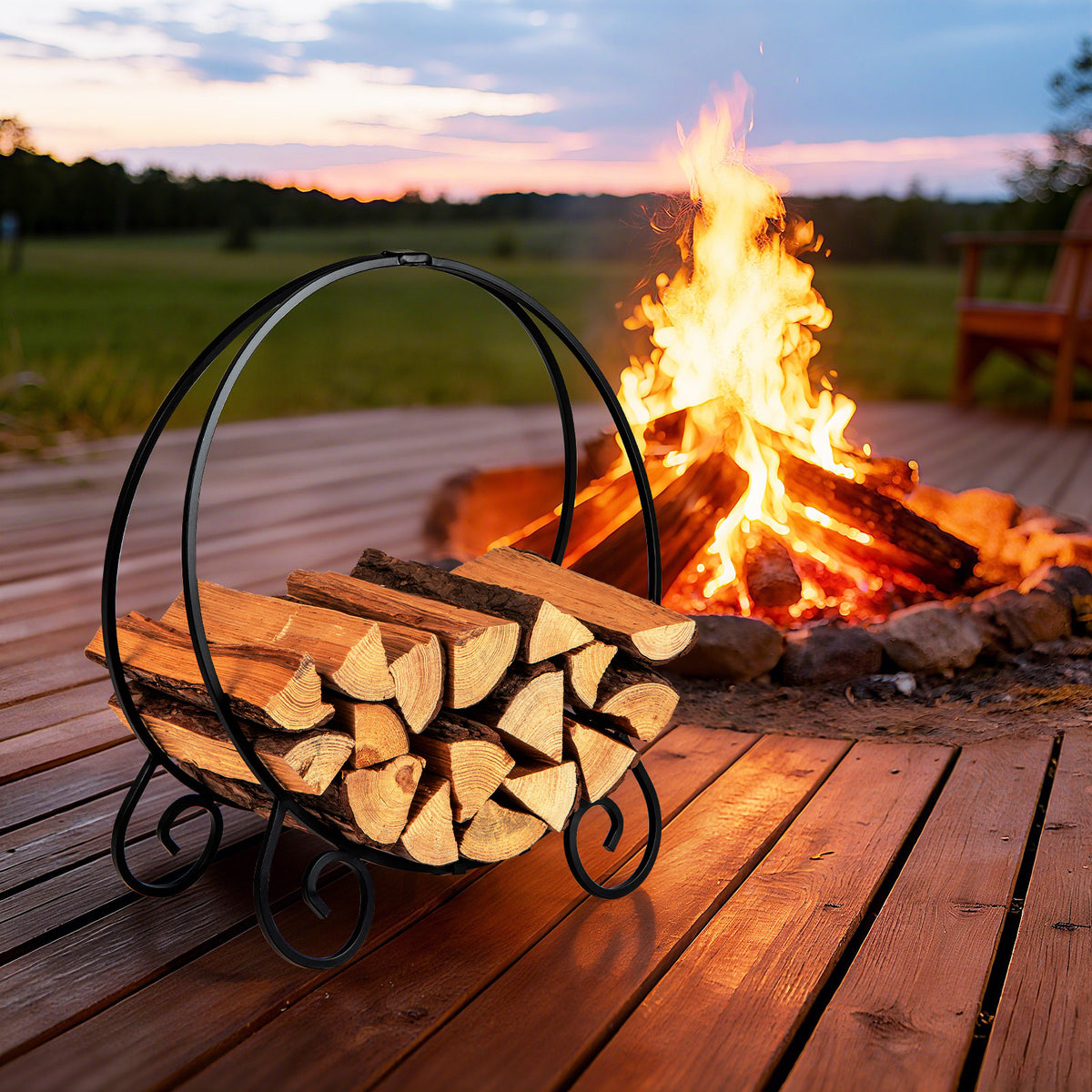 The log storage filled with firewood sitting on a wooden deck by an outdoor fire pit