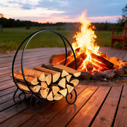 The log storage filled with firewood sitting on a wooden deck by an outdoor fire pit