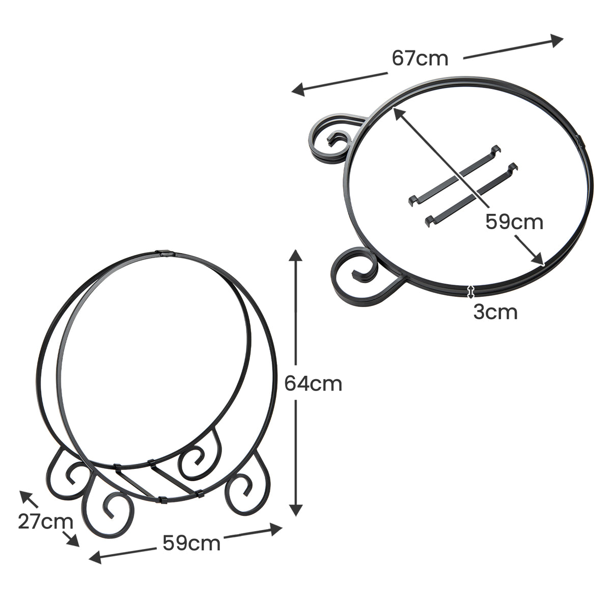 The collapsible log hoop with dimensions shown for size and assembly