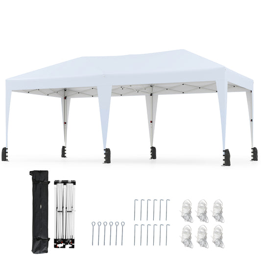 590 x 300 CM Outdoor Pop up Canopy Tent with Wheeled Bag-White, showing the tent frame and accessories laid out