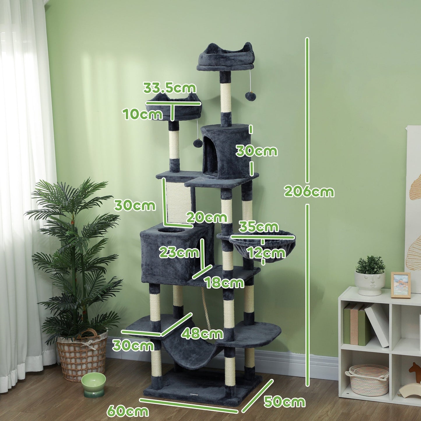 PawHut 206cm Cat Tree, Multi-Level Cat Tower with Scratching Posts and Board, Beds, Condos, Platforms, Toy Balls, Dark Grey