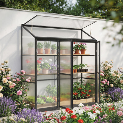 Outsunny Polycarbonate Greenhouse with 3 Hinged Doors, Top Vent, Lean-to Green House, Walk-in Greenhouse, 6 x 1.5ft, Black