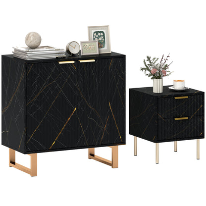 HOMCOM Sideboard, Accent Cabinet with Marble Effect, Adjustable Shelf, Fluted Doors and Drawers, Black
