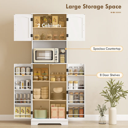 HOMCOM 181.5 cm Freestanding Storage Cabinet, Tall Kitchen Cupboard with Adjustable Shelves, 8 Door Spice Racks, White