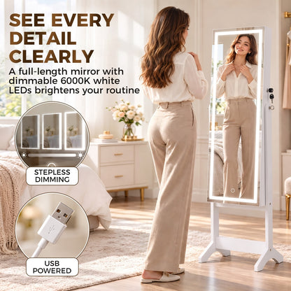 HOMCOM Mirror Jewelry Cabinet with LED Light, Freestanding Lockable Full Length Mirror with Storage, 3 Angles Adjustable, White
