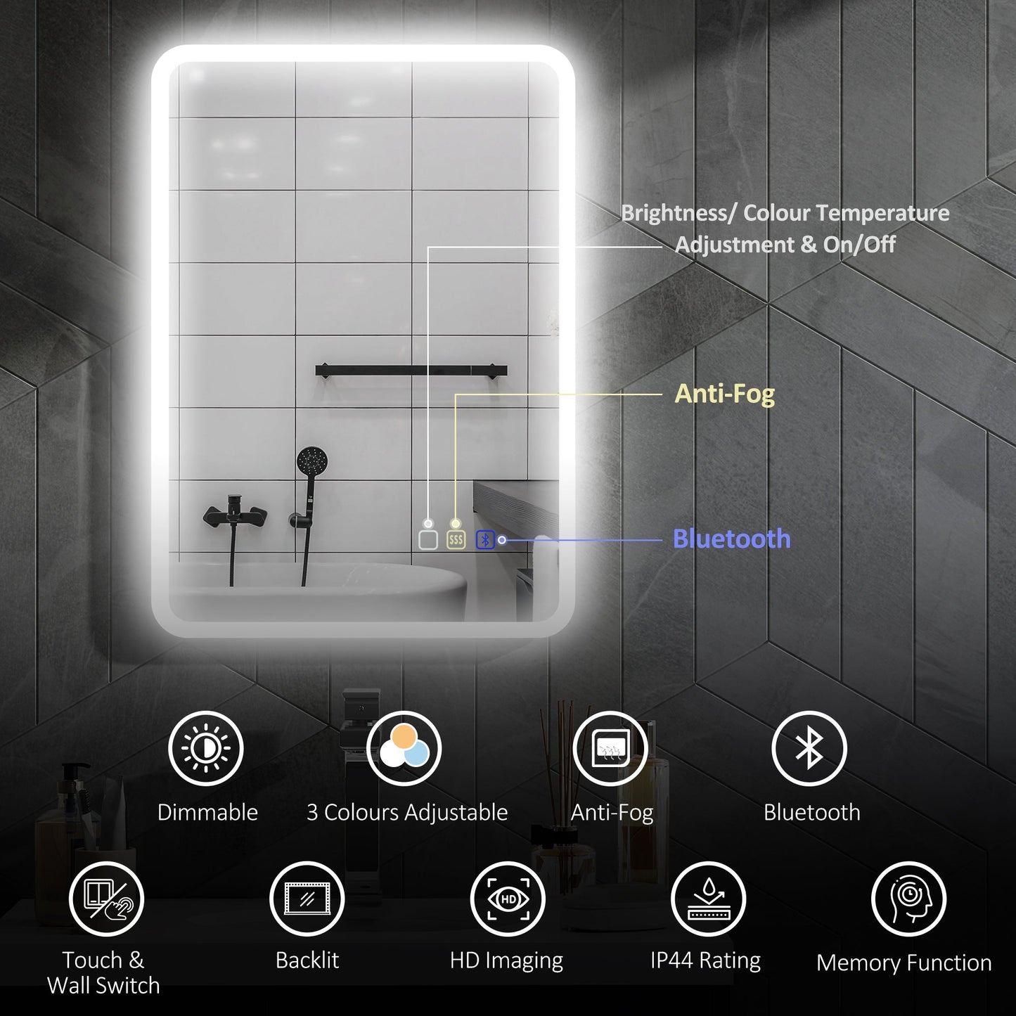 مرآة حمام LED من هوم كوم 70 × 50 سم، مع بلوتوث - فضي