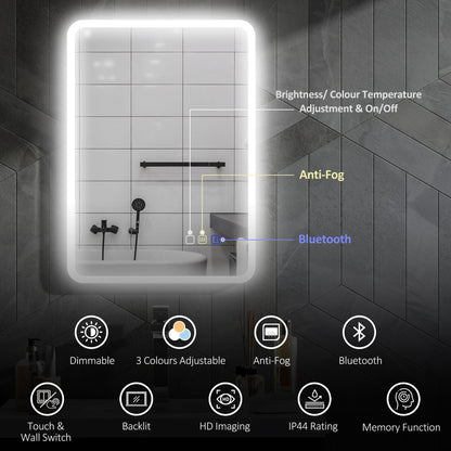 مرآة حمام LED من هوم كوم 70 × 50 سم، مع بلوتوث - فضي