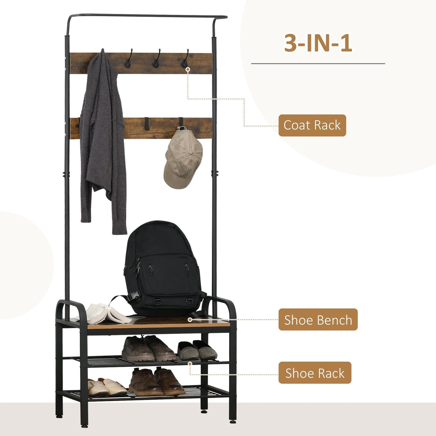 HOMCOM Coat Rack Stand Industrial hallway Shoe Rack Removable Hooks Metal Wood Hangers Storage Cabinet Rustic Brown 72L x 34W x 185H(cm)