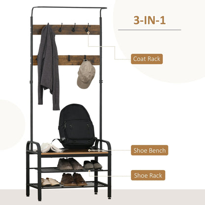 HOMCOM Coat Rack Stand Industrial hallway Shoe Rack Removable Hooks Metal Wood Hangers Storage Cabinet Rustic Brown 72L x 34W x 185H(cm)