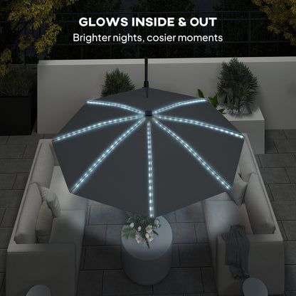 Outsunny 3(m) Cantilever Garden Parasol with Solar Powered Lights, Crank Handle & Cross Base, UPF 50+, 360√Ç¬∞ Rotation, Dark Grey