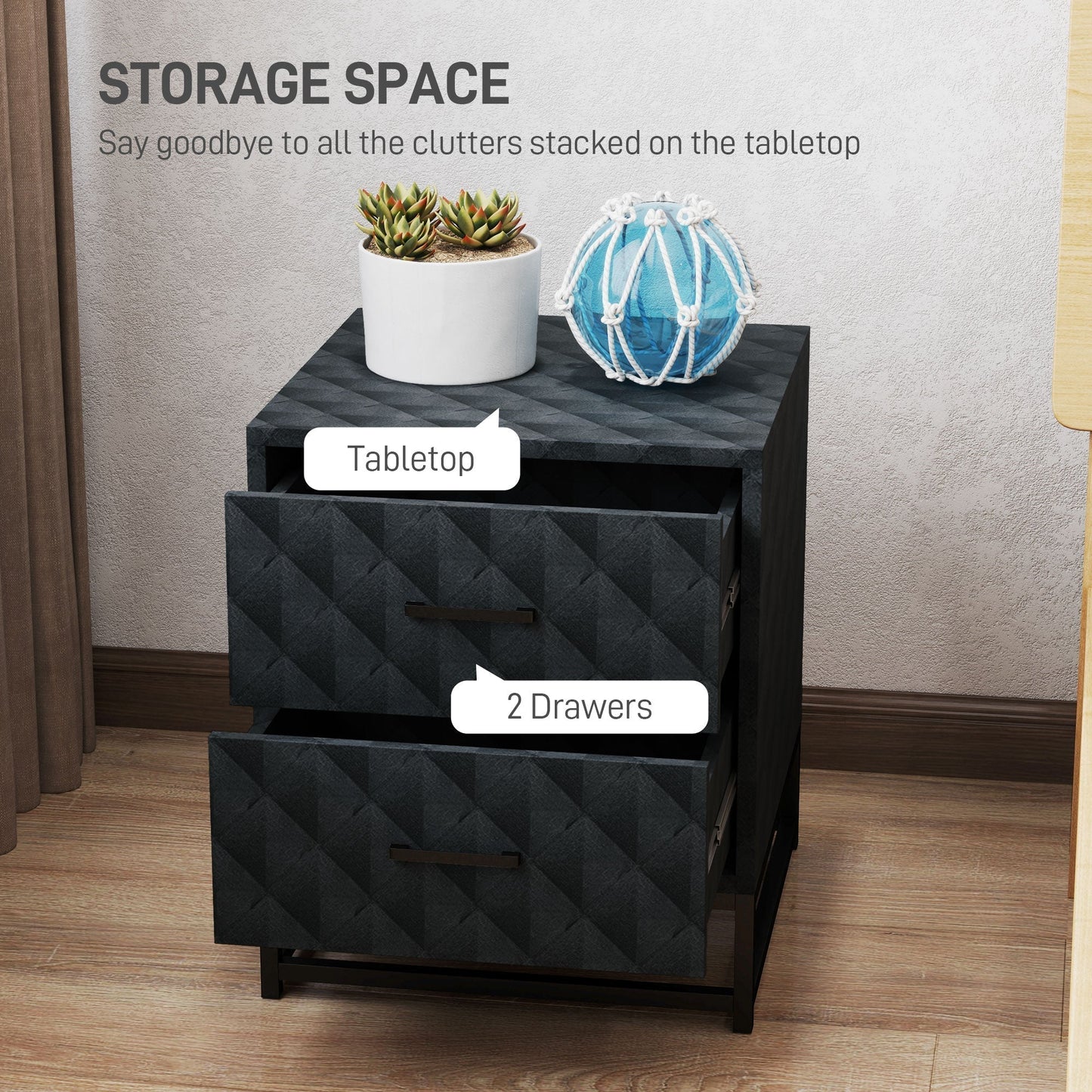 HOMCOM Bedside Tables Set of 2, Modern Bedside Table Nightstand with 2 Drawers, Bedside Cabinet Sofa Side Table with Storage, Steel Legs for Bedroom, Living Room, Black