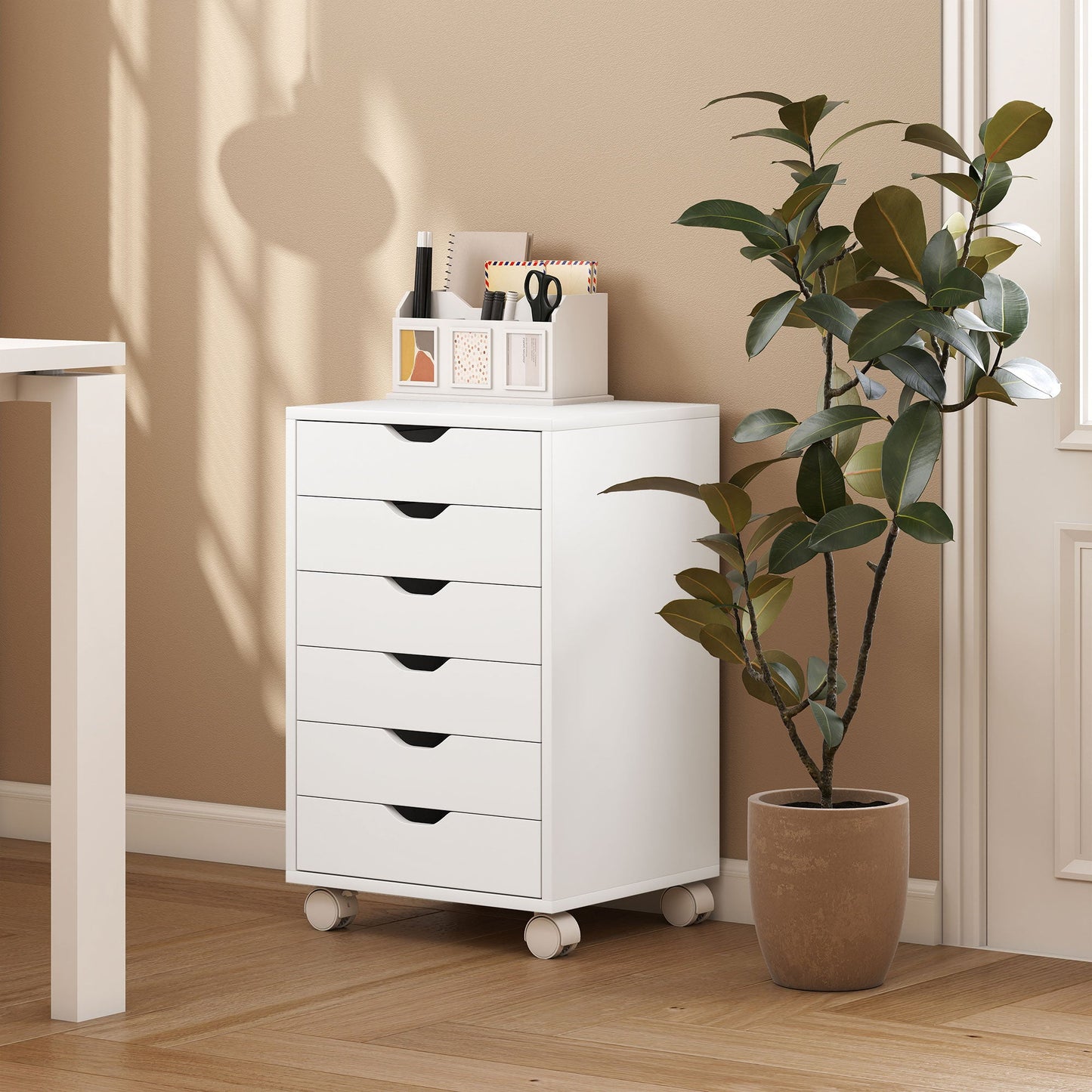 HOMCOM 6 Drawer Vertical File Cabinet, Mobile Filing Cabinet with Quiet Drawers and Wheels with 2 Brakes, White